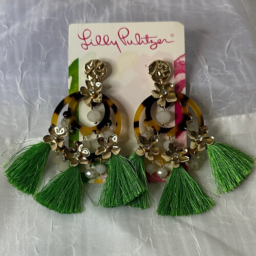 Lilly Pulitzer Green and Gold Floral Tassel Earrings